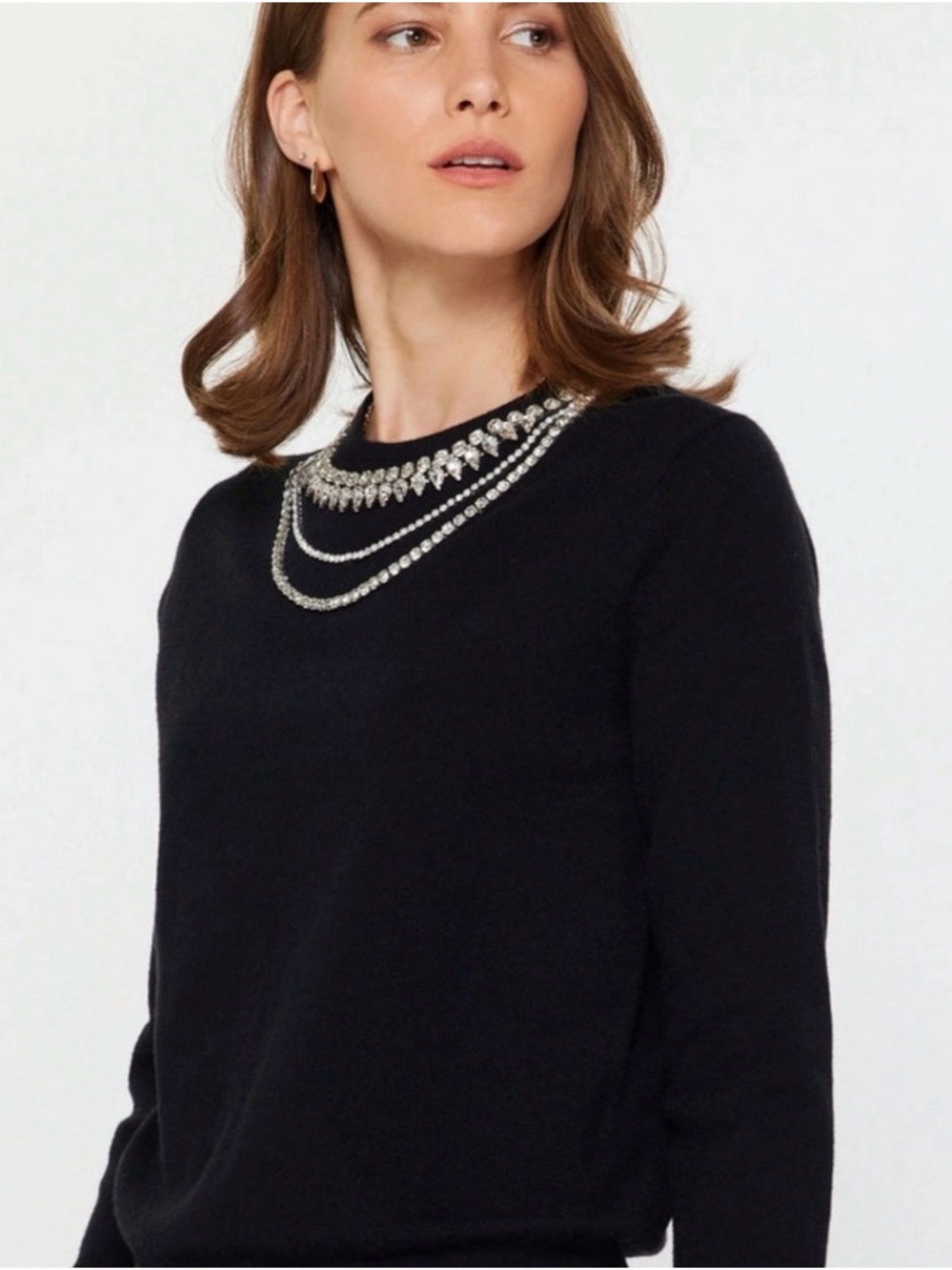 Current Air Black Crew Neck Sweater with Embellished Necklace Detail
